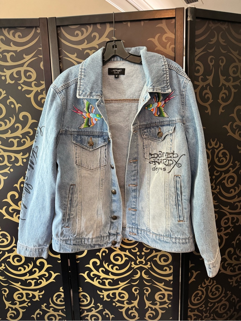 Ed Hardy Light Blue Denim Jacket with Colorful Embroidered Birds